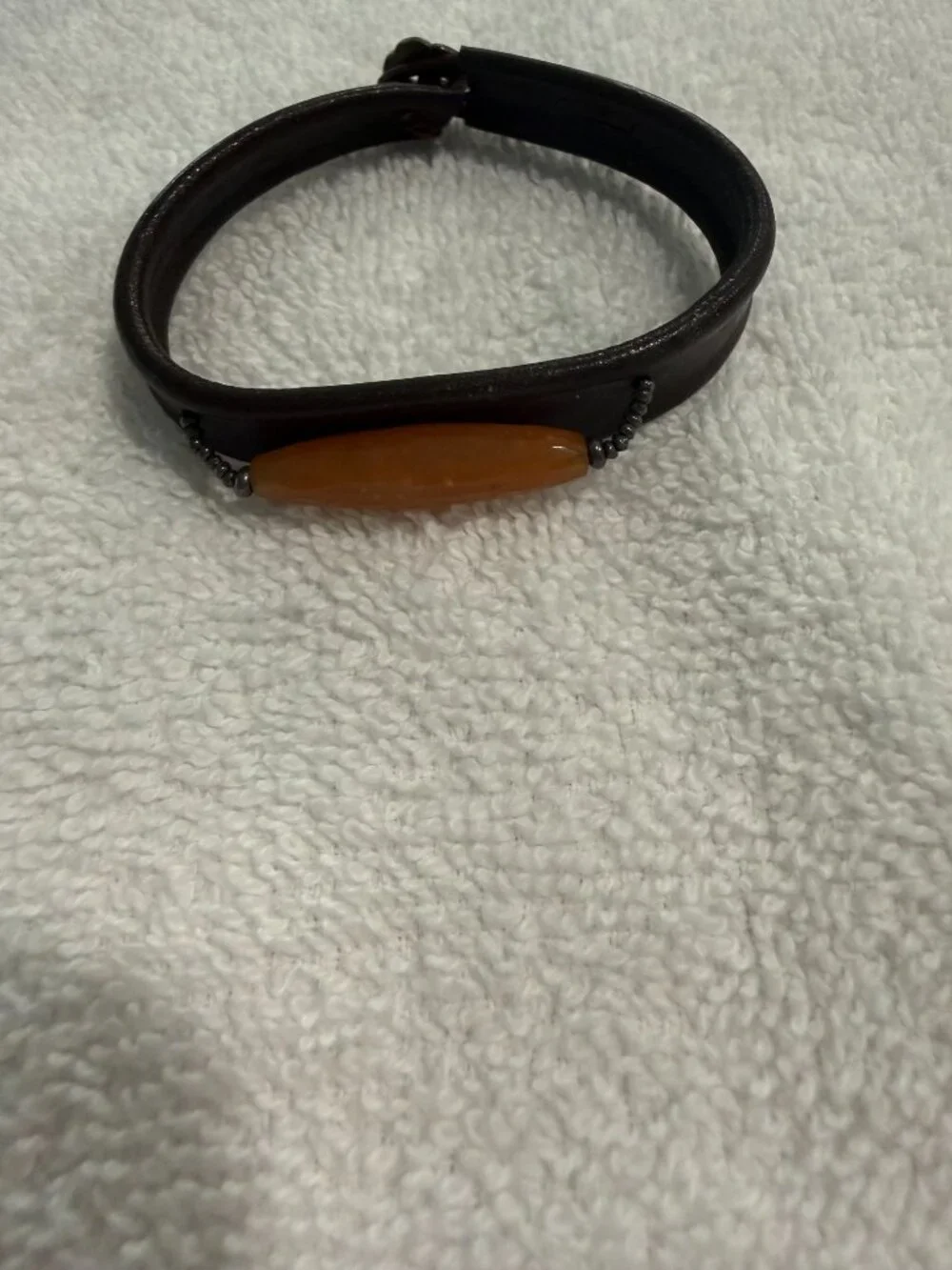 Vintage Boho Leather Bracelet Amber Tone Oval Stone Beaded Accent